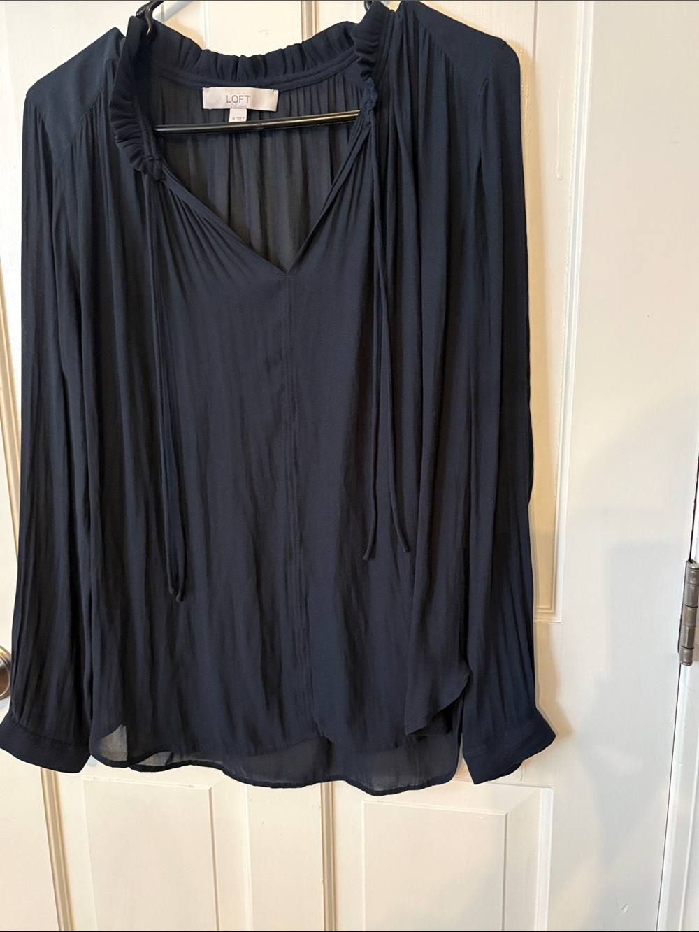 LOFT Navy Long-Sleeve Pleated V-Neck Blouse